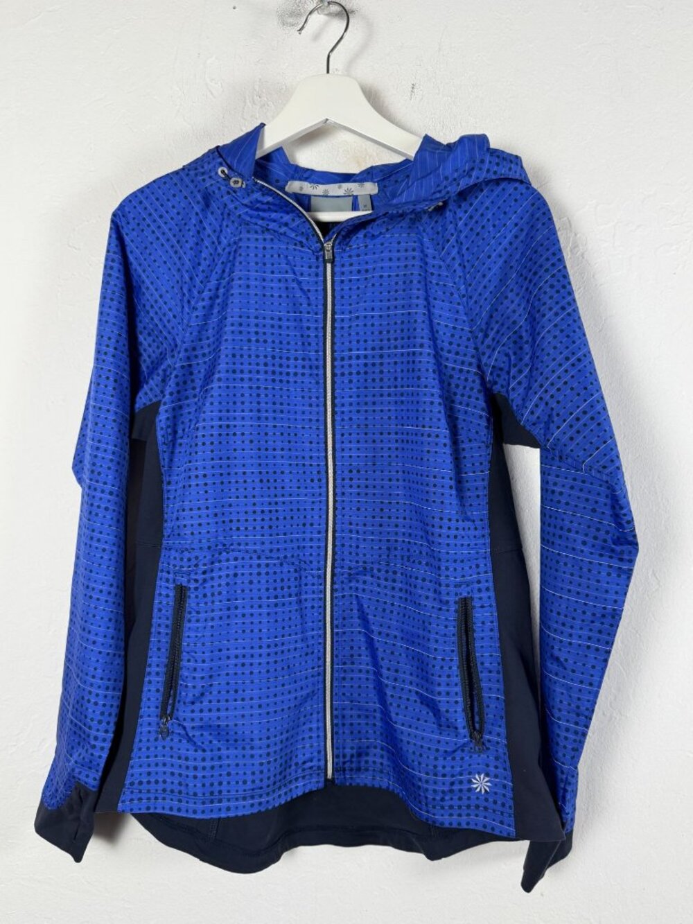 Athleta Womens Medium Blue Polka Dot Full Zip Hooded Windbreaker Jacket Running